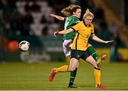 21 September 2021; Clare Polkinghorne of Australia in action against Heather Payne of Republic of Ireland during the women's international friendly match between Republic of Ireland and Australia at Tallaght Stadium in Dublin. Photo by Seb Daly/Sportsfile