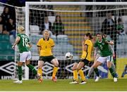 21 September 2021; Denise O'Sullivan of Republic of Ireland sees her shot deflect off of Australia's Kyra Cooney-Cross, right, for her side's second goal during the women's international friendly match between Republic of Ireland and Australia at Tallaght Stadium in Dublin. Photo by Seb Daly/Sportsfile