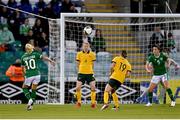 21 September 2021; Denise O'Sullivan of Republic of Ireland sees her shot deflect off of Australia's Kyra Cooney-Cross, 19, for her side's second goal during the women's international friendly match between Republic of Ireland and Australia at Tallaght Stadium in Dublin. Photo by Seb Daly/Sportsfile