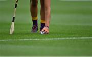 12 September 2021; Chloe Cashe of Wexford prepares to take a free during the All-Ireland Premier Junior Camogie Championship Final match between Armagh and Wexford at Croke Park in Dublin. Photo by Piaras Ó Mídheach/Sportsfile