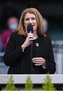 12 September 2021; Uachtarán an Cumann Camógaíochta Hilda Breslin makes a speech after the All-Ireland Premier Junior Camogie Championship Final match between Armagh and Wexford at Croke Park in Dublin. Photo by Piaras Ó Mídheach/Sportsfile