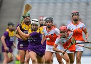 12 September 2021; Emma Tomkins of Wexford in action against Katie Convie of Armagh during the All-Ireland Premier Junior Camogie Championship Final match between Armagh and Wexford at Croke Park in Dublin. Photo by Piaras Ó Mídheach/Sportsfile