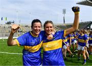 5 September 2021; Wicklow players Sarah Delahunt, left, and Meadhbh Deeney celebrate after their side's victory in the TG4 All-Ireland Ladies Junior Football Championship Final match between Antrim and Wicklow at Croke Park in Dublin. Photo by Piaras Ó Mídheach/Sportsfile
