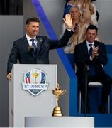 23 September 2021; Team Europe captain Padraig Harrington, watched by his wife Caroline and Rory McIlroy, during the opening ceremony of the Ryder Cup 2021 Matches at Whistling Straits in Kohler, Wisconsin, USA. Photo by Tom Russo/Sportsfile