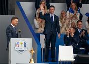 23 September 2021; Rory McIlroy of Team Europe acknowledges the applause as he is introduced by captain Padraig Harrington during the opening ceremony of the Ryder Cup 2021 Matches at Whistling Straits in Kohler, Wisconsin, USA. Photo by Tom Russo/Sportsfile