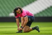 24 September 2021; James Lowe laces up during a Leinster Rugby captains run at the Aviva Stadium in Dublin. Photo by Harry Murphy/Sportsfile