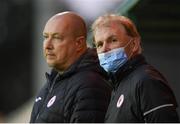 18 September 2021; Sligo Rovers manager Liam Buckley and Dave Campbell, left, before the SSE Airtricity League Premier Division match between Sligo Rovers and Shamrock Rovers at The Showgrounds in Sligo. Photo by Stephen McCarthy/Sportsfile