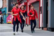 24 September 2021; St Patrick's Athletic players, from left, Sam Bone, Shane Griffin and Billy King arrive ahead of the SSE Airtricity League Premier Division match between St Patrick's Athletic and Shamrock Rovers at Richmond Park in Dublin. Photo by Seb Daly/Sportsfile