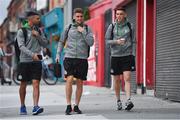 24 September 2021; Shamrock Rovers players, from left, Danny Mandroiu, Dylan Watts and Gary O'Neill arrive ahead of the SSE Airtricity League Premier Division match between St Patrick's Athletic and Shamrock Rovers at Richmond Park in Dublin. Photo by Seb Daly/Sportsfile