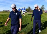 24 September 2021; Justin Thomas, left, and Jordan Spieth of Team USA walk off the sixth green during their Friday morning foursomes match against Sergio Garcia and Jon Rahm of Team Europe at the Ryder Cup 2021 Matches at Whistling Straits in Kohler, Wisconsin, USA. Photo by Tom Russo/Sportsfile