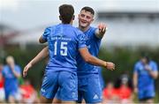 24 September 2021; Fionn Gibbons, right, and Aitzol Arenzana-King of Leinster celebrate after the Development Interprovincial match between Leinster XV and Munster XV at the IRFU High Performance Centre at the Sport Ireland Campus in Dublin.  Photo by Brendan Moran/Sportsfile