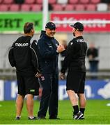 24 September 2021; Ulster head coach Dan McFarland shakes hands with Glasgow Assistant coach Nigel Carolan before the United Rugby Championship match between Ulster and Glasgow Warriors at Kingspan Stadium in Belfast. Photo by Harry Murphy/Sportsfile