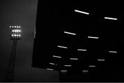 24 September 2021; (EDITORS NOTE: Image has been shot in black and white. Color version not available.) A general view of a floodlight and the Jodi Stand before the SSE Airtricity League Premier Division match between Bohemians and Finn Harps at Dalymount Park in Dublin. Photo by Piaras Ó Mídheach/Sportsfile