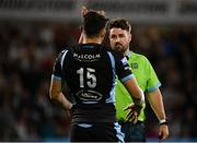 24 September 2021; Referee Ben Whitehouse speaks to Cole Forbes of Glasgow Warriors before showing him a yellow card and awarding Ulster a penalty try during the United Rugby Championship match between Ulster and Glasgow Warriors at Kingspan Stadium in Belfast. Photo by Harry Murphy/Sportsfile