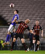 24 September 2021; Johnny Dunleavy of Finn Harps in action against Georgie Kelly of Bohemians during the SSE Airtricity League Premier Division match between Bohemians and Finn Harps at Dalymount Park in Dublin. Photo by Piaras Ó Mídheach/Sportsfile
