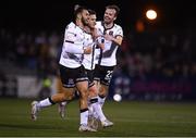 24 September 2021; Sean Murray, centre, celebrates after scoring his side's second goal with Dundalk team-mates Sami Ben Amar, left, and Cameron Dummigan during the SSE Airtricity League Premier Division match between Dundalk and Sligo Rovers at Oriel Park in Dundalk, Louth. Photo by Ben McShane/Sportsfile