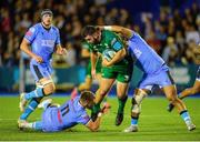 24 September 2021; Matthew Burke of Connacht is tackled by Jason Harries, left, and Willis Halaholo of Cardiff Blues during the United Rugby Championship match between Cardiff Blues and Connacht at Arms Park in Cardifff, Wales. Photo by Mark Lewis/Sportsfile