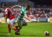 24 September 2021; Dylan Watts of Shamrock Rovers in action against Matty Smith of St Patrick's Athletic during the SSE Airtricity League Premier Division match between St Patrick's Athletic and Shamrock Rovers at Richmond Park in Dublin. Photo by Sam Barnes/Sportsfile