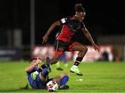 24 September 2021; Jordan Adeyemo of Drogheda United in action against Eddie Nolan of Waterford during the SSE Airtricity League Premier Division match between Waterford and Drogheda United at RSC in Waterford. Photo by Michael P Ryan/Sportsfile