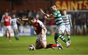 24 September 2021; Sam Bone of St Patrick's Athletic is fouled by Danny Mandroiu of Shamrock Rovers during the SSE Airtricity League Premier Division match between St Patrick's Athletic and Shamrock Rovers at Richmond Park in Dublin. Photo by Seb Daly/Sportsfile