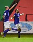 24 September 2021; Ethan Boyle of Finn Harps, right, celebrates with team-mate Ryan Rainey after scoring his side's first goal during the SSE Airtricity League Premier Division match between Bohemians and Finn Harps at Dalymount Park in Dublin. Photo by Piaras Ó Mídheach/Sportsfile