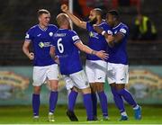 24 September 2021; Ethan Boyle of Finn Harps, second from right, celebrates with team-mates, from left, Ryan Rainey, Ryan Connolly, and Babatunde Owolabi after scoring his side's first goal during the SSE Airtricity League Premier Division match between Bohemians and Finn Harps at Dalymount Park in Dublin. Photo by Piaras Ó Mídheach/Sportsfile
