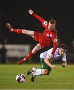 24 September 2021; Shane Farrell of Shelbourne is tackled by Zak O'Neill of Cabinteely during the SSE Airtricity League First Division match between Cabinteely and Shelbourne at Stradbrook in Blackrock, Dublin. Photo by David Fitzgerald/Sportsfile