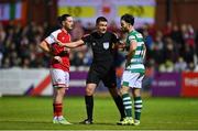 24 September 2021; Referee Robert Hennessy  talks to Ronan Coughlan of St Patrick's Athletic, left, and Richie Towell of Shamrock Rovers during the SSE Airtricity League Premier Division match between St Patrick's Athletic and Shamrock Rovers at Richmond Park in Dublin. Photo by Seb Daly/Sportsfile