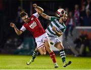 24 September 2021; Matty Smith of St Patrick's Athletic is tackled by Richie Towell of Shamrock Rovers during the SSE Airtricity League Premier Division match between St Patrick's Athletic and Shamrock Rovers at Richmond Park in Dublin. Photo by Sam Barnes/Sportsfile