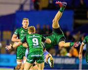 24 September 2021; Jack Carty of Connacht and Hallam Amos of Cardiff Blues compete for the high ball during the United Rugby Championship match between Cardiff Blues and Connacht at Arms Park in Cardifff, Wales. Photo by Mark Lewis/Sportsfile