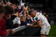 24 September 2021; Jacob Stockdale of Ulster signs autographs after the United Rugby Championship match between Ulster and Glasgow Warriors at Kingspan Stadium in Belfast. Photo by Harry Murphy/Sportsfile