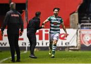 24 September 2021; Richie Towell of Shamrock Rovers celebrates with Shamrock Rovers manager Stephen Bradley after Shamrock Rovers score their first goal during the SSE Airtricity League Premier Division match between St Patrick's Athletic and Shamrock Rovers at Richmond Park in Dublin. Photo by Sam Barnes/Sportsfile