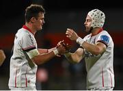 24 September 2021; Billy Burns, left, and Michael Lowry of Ulster embrace during the United Rugby Championship match between Ulster and Glasgow Warriors at Kingspan Stadium in Belfast. Photo by Harry Murphy/Sportsfile
