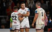 24 September 2021; Jacob Stockdale of Ulster, centre, and Michael Lowry of Ulster embrace after the United Rugby Championship match between Ulster and Glasgow Warriors at Kingspan Stadium in Belfast. Photo by Harry Murphy/Sportsfile