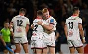 24 September 2021; Nathan Doak, second right, and Michael Lowry of Ulster embrace after the United Rugby Championship match between Ulster and Glasgow Warriors at Kingspan Stadium in Belfast. Photo by Harry Murphy/Sportsfile