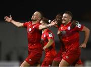 24 September 2021; Michael O'Connor of Shelbourne, left, celebrates after scoring his side's second goal with team-mates during the SSE Airtricity League First Division match between Cabinteely and Shelbourne at Stradbrook in Blackrock, Dublin. Photo by David Fitzgerald/Sportsfile