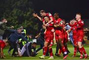 24 September 2021; Michael O'Connor of Shelbourne celebrates after scoring his side's second goal supporters and team-mates during the SSE Airtricity League First Division match between Cabinteely and Shelbourne at Stradbrook in Blackrock, Dublin. Photo by David Fitzgerald/Sportsfile