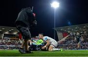 24 September 2021; Rufus McLean of Glasgow Warriors is tackled by James Hume of Ulster resulting in a yellow card and a penalty try during the United Rugby Championship match between Ulster and Glasgow Warriors at Kingspan Stadium in Belfast. Photo by Harry Murphy/Sportsfile