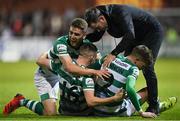 24 September 2021; Shamrock Rovers manager Stephen Bradley celebrates his side's winning goal with his players, from left, Dylan Watts, Gary O'Neill and Sean Gannon during the SSE Airtricity League Premier Division match between St Patrick's Athletic and Shamrock Rovers at Richmond Park in Dublin. Photo by Seb Daly/Sportsfile