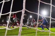 24 September 2021; Nahum Melvin-Lambert of St Patrick's Athletic, left, scores an own-goal past goalkeeper Vitezslav Jaros during the SSE Airtricity League Premier Division match between St Patrick's Athletic and Shamrock Rovers at Richmond Park in Dublin. Photo by Seb Daly/Sportsfile