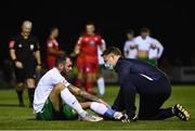 24 September 2021; Kevin Knight of Cabinteely receives treatment before being substituted due to an injury during the SSE Airtricity League First Division match between Cabinteely and Shelbourne at Stradbrook in Blackrock, Dublin. Photo by David Fitzgerald/Sportsfile