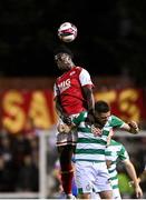 24 September 2021; James Abankwah of St Patrick's Athletic in action against Dylan Watts of Shamrock Rovers during the SSE Airtricity League Premier Division match between St Patrick's Athletic and Shamrock Rovers at Richmond Park in Dublin. Photo by Seb Daly/Sportsfile