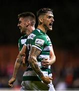 24 September 2021; Lee Grace, right, and Dylan Watts of Shamrock Rovers celebrate their side's winning goal during the SSE Airtricity League Premier Division match between St Patrick's Athletic and Shamrock Rovers at Richmond Park in Dublin. Photo by Seb Daly/Sportsfile