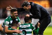 24 September 2021; Shamrock Rovers manager Stephen Bradley celebrates his side's winning goal with his players, from left, Dylan Watts, Gary O'Neill and Sean Gannon during the SSE Airtricity League Premier Division match between St Patrick's Athletic and Shamrock Rovers at Richmond Park in Dublin. Photo by Seb Daly/Sportsfile
