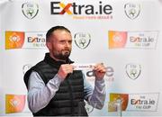 24 September 2021; Conan Byrne draws the name of Bohemians during the extra.ie FAI Cup Semi-Final draw after the SSE Airtricity League Premier Division match between St Patrick's Athletic and Shamrock Rovers at Richmond Park in Dublin. Photo by Seb Daly/Sportsfile