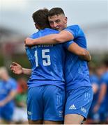 24 September 2021; Fionn Gibbons, right, and Aitzol Arenzana-King of Leinster celebrate after the Development Interprovincial match between Leinster XV and Munster XV at the IRFU High Performance Centre at the Sport Ireland Campus in Dublin. Photo by Brendan Moran/Sportsfile