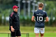 24 September 2021; Munster technical advisor Ian Keatley with Jack Crowley before the Development Interprovincial match between Leinster XV and Munster XV at the IRFU High Performance Centre at the Sport Ireland Campus in Dublin. Photo by Brendan Moran/Sportsfile