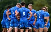24 September 2021; Fionn McWey of Leinster speaks to his team-mates during the Development Interprovincial match between Leinster XV and Munster XV at the IRFU High Performance Centre at the Sport Ireland Campus in Dublin. Photo by Brendan Moran/Sportsfile