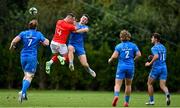 24 September 2021; Cormac Foley of Leinster and Seán French of Munster contest a high ball during the Development Interprovincial match between Leinster XV and Munster XV at the IRFU High Performance Centre at the Sport Ireland Campus in Dublin. Photo by Brendan Moran/Sportsfile