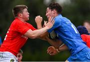 24 September 2021; Daniel Hawkshaw of Leinster is tackled by Patrick Campbell of Munster during the Development Interprovincial match between Leinster XV and Munster XV at the IRFU High Performance Centre at the Sport Ireland Campus in Dublin. Photo by Brendan Moran/Sportsfile